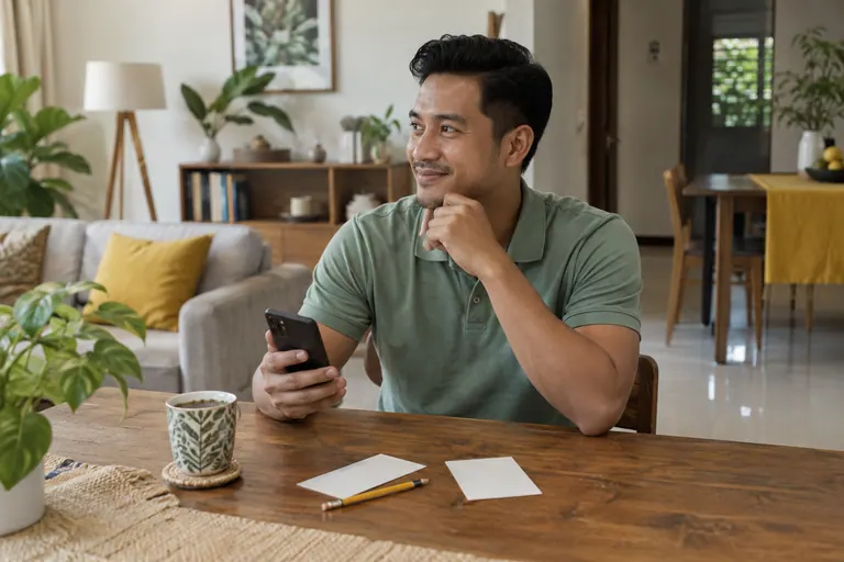 Pelanggan memegang telefon dengan dua kad kosong di meja
