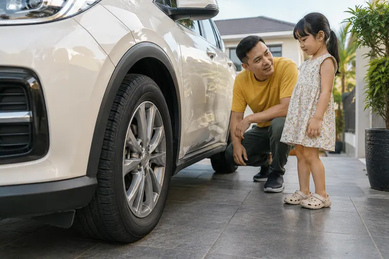 Wheel and side of a white car with customers in a driveway