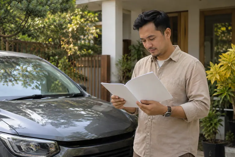 Pelanggan membaca folder kosong di sebelah kereta