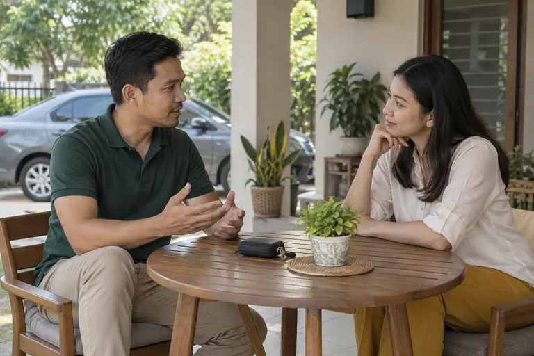 Dua orang berbincang di meja beranda dengan kantung kunci