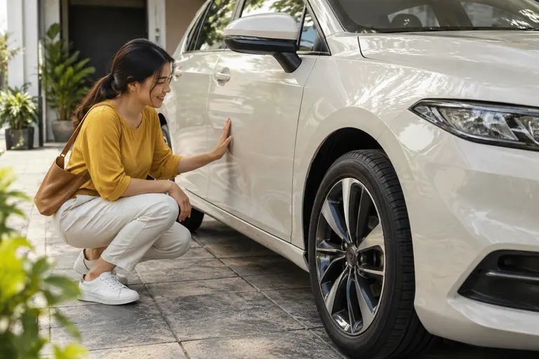 Customer observing the side of a parked white car