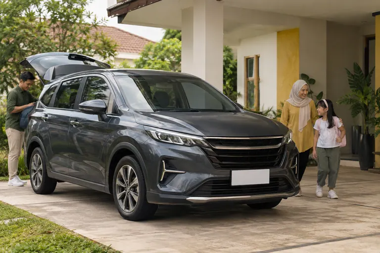 Family car parked in a driveway with customers nearby